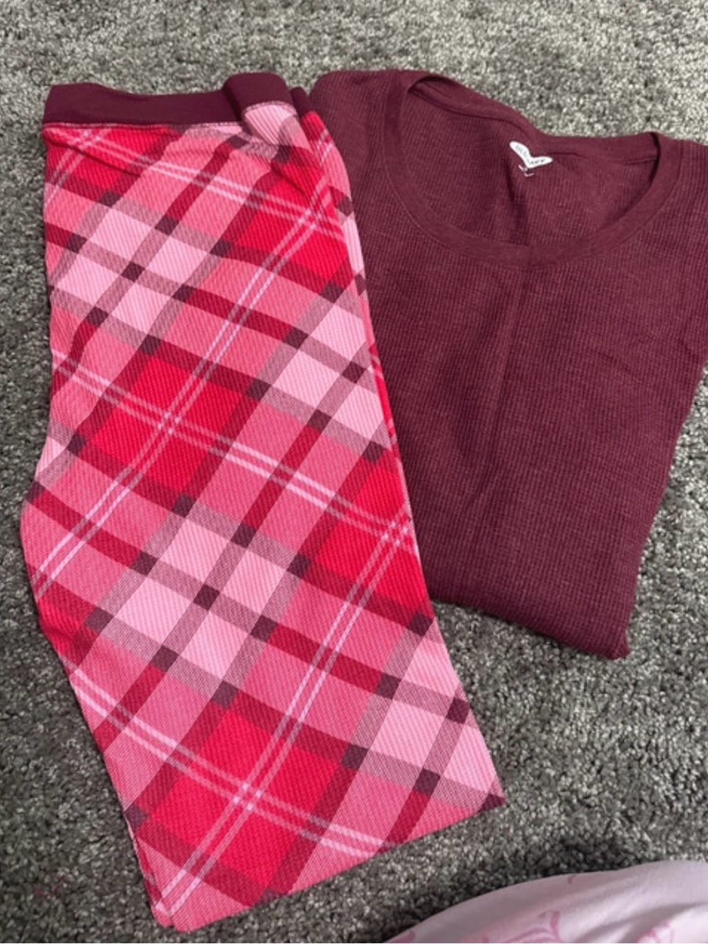 Old Navy Burgundy Waffle Top with Pink and Red Plaid Pajama Pants